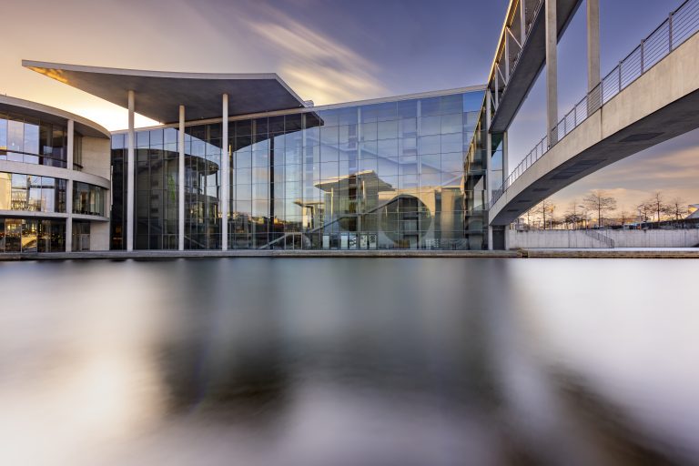Berlin's Bundestag with reflection of the Paul-Löbe house