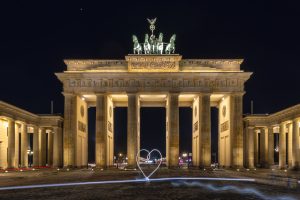 Berlin's Brandenbug Gate at night with a light-painting-heart